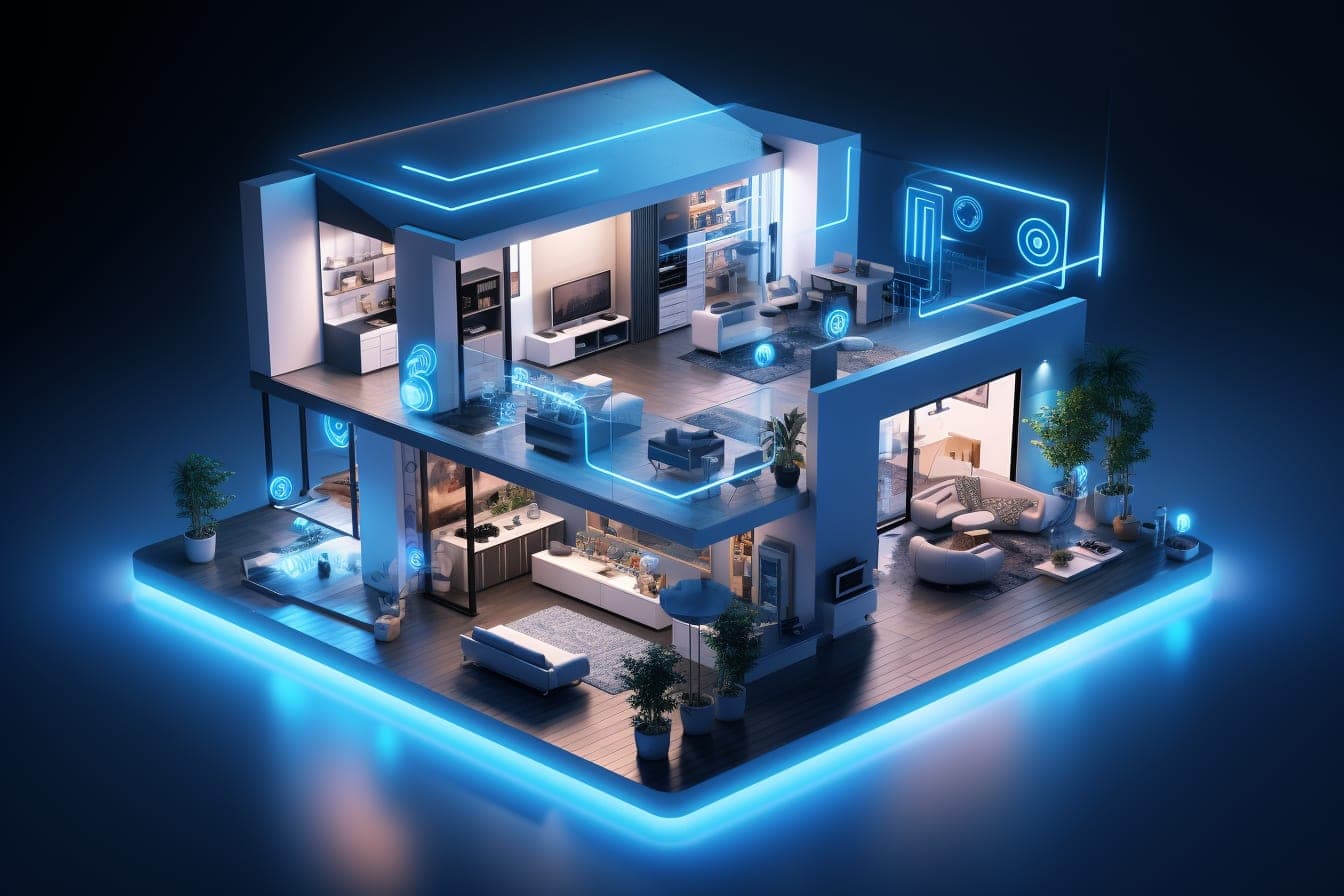 A cutaway illustration of a two-storey home with its connected systems highlighted