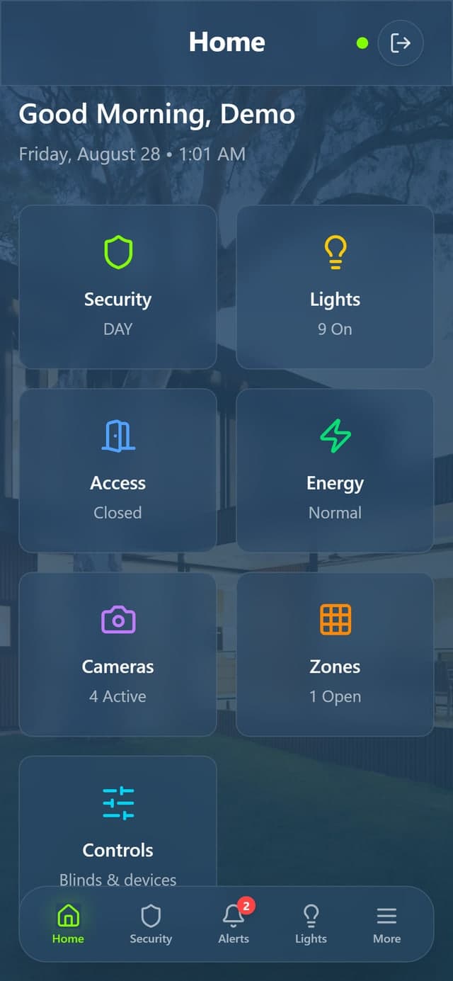 The Comfort app home screen with tiles for security, lights, access, energy, cameras and zones