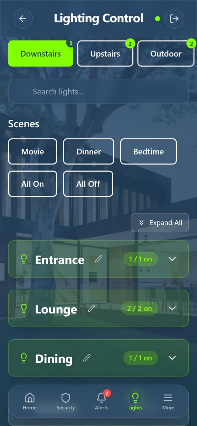 The Comfort app lighting screen, with rooms grouped by floor and scenes along the top