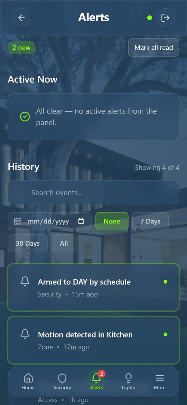 The Comfort app showing a list of notifications including arming events, kitchen motion and gate access