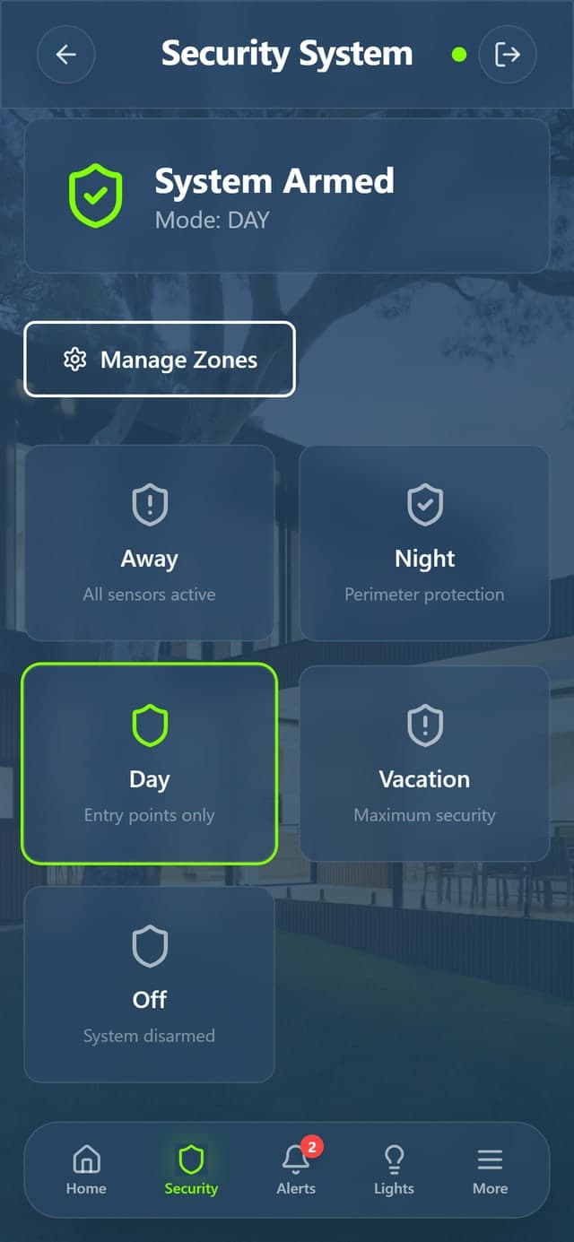 The Comfort app security screen showing the house armed in Day mode