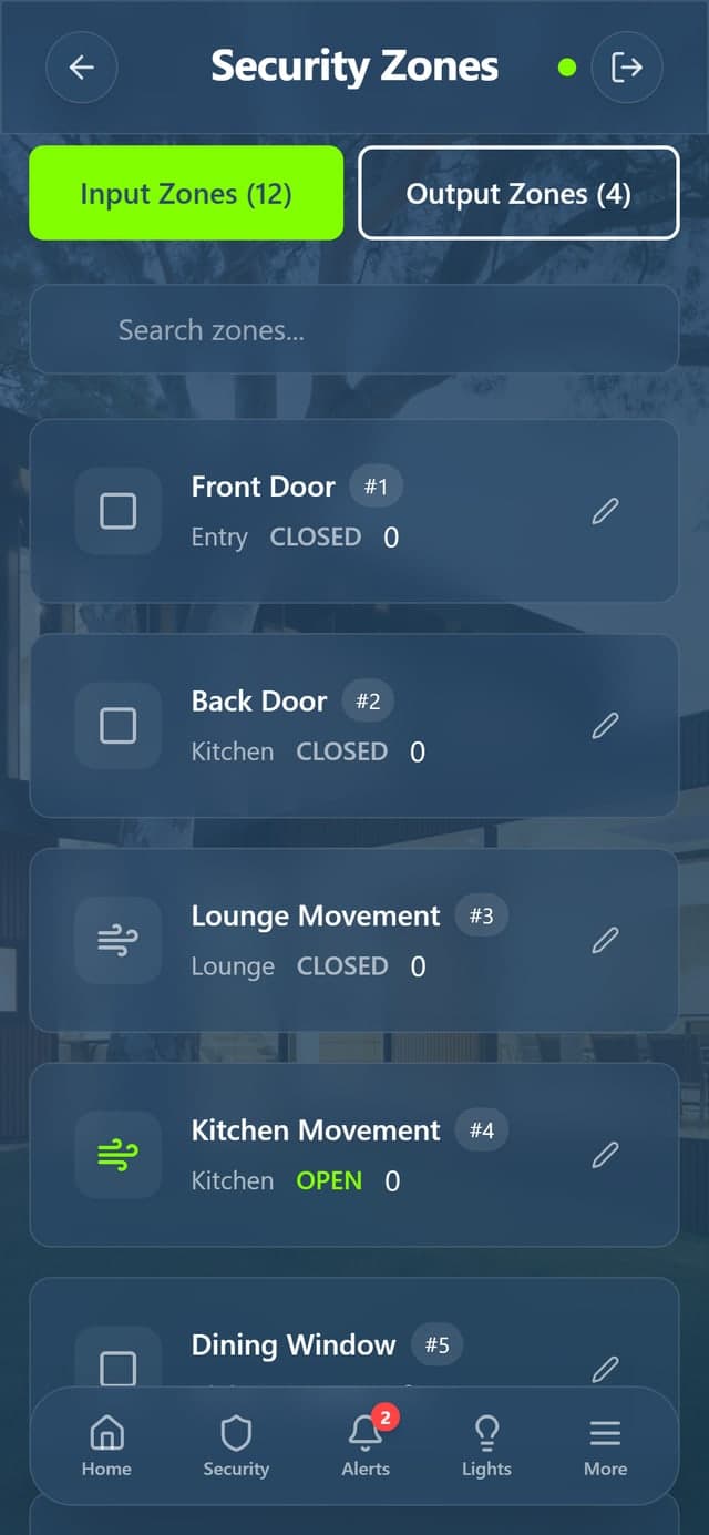 The Comfort app listing security zones with their area and open or closed status
