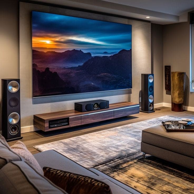 A home cinema room with a large screen and seating